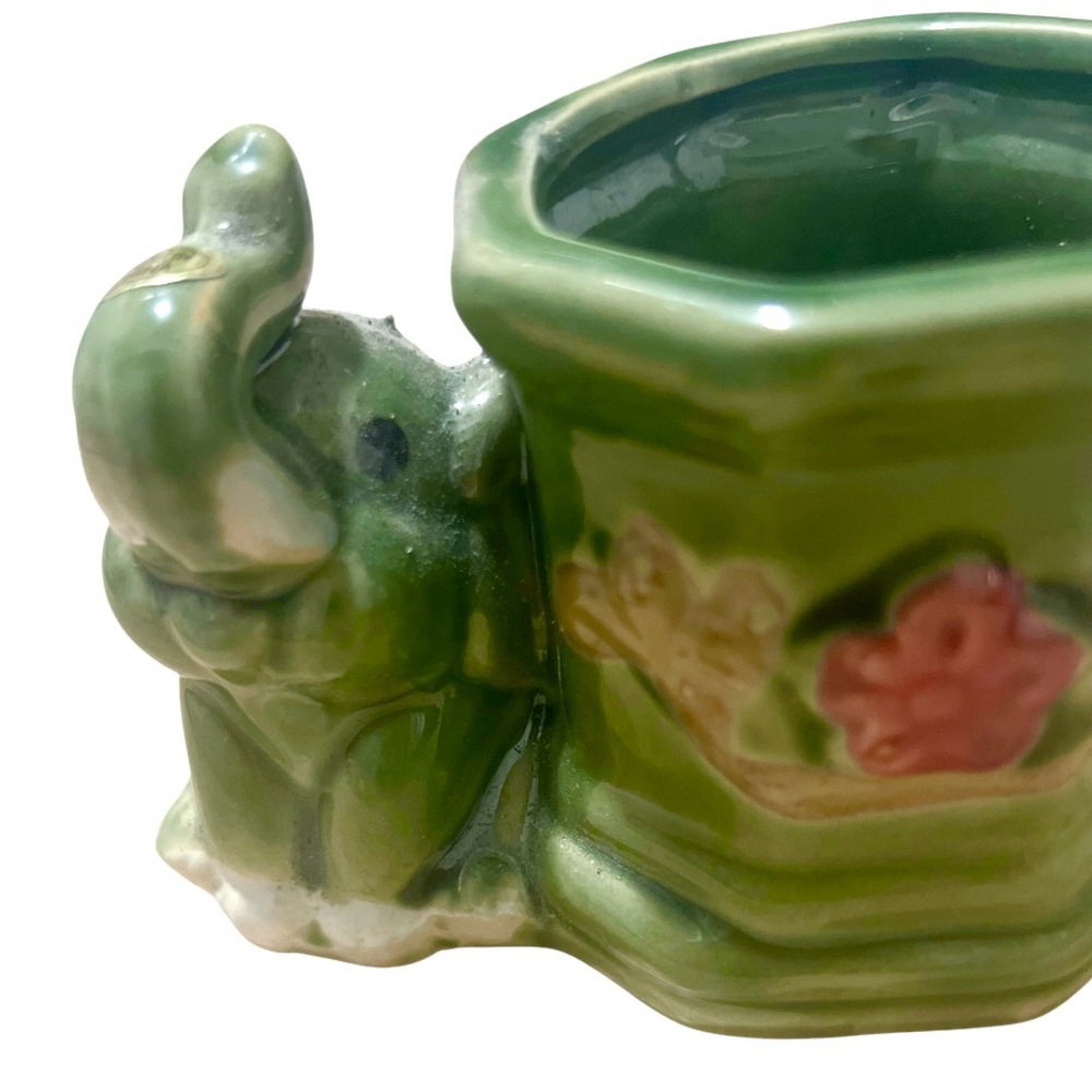 Vintage Ceramic Elephant Planter Green Jungle Style – Boho Animal Decor